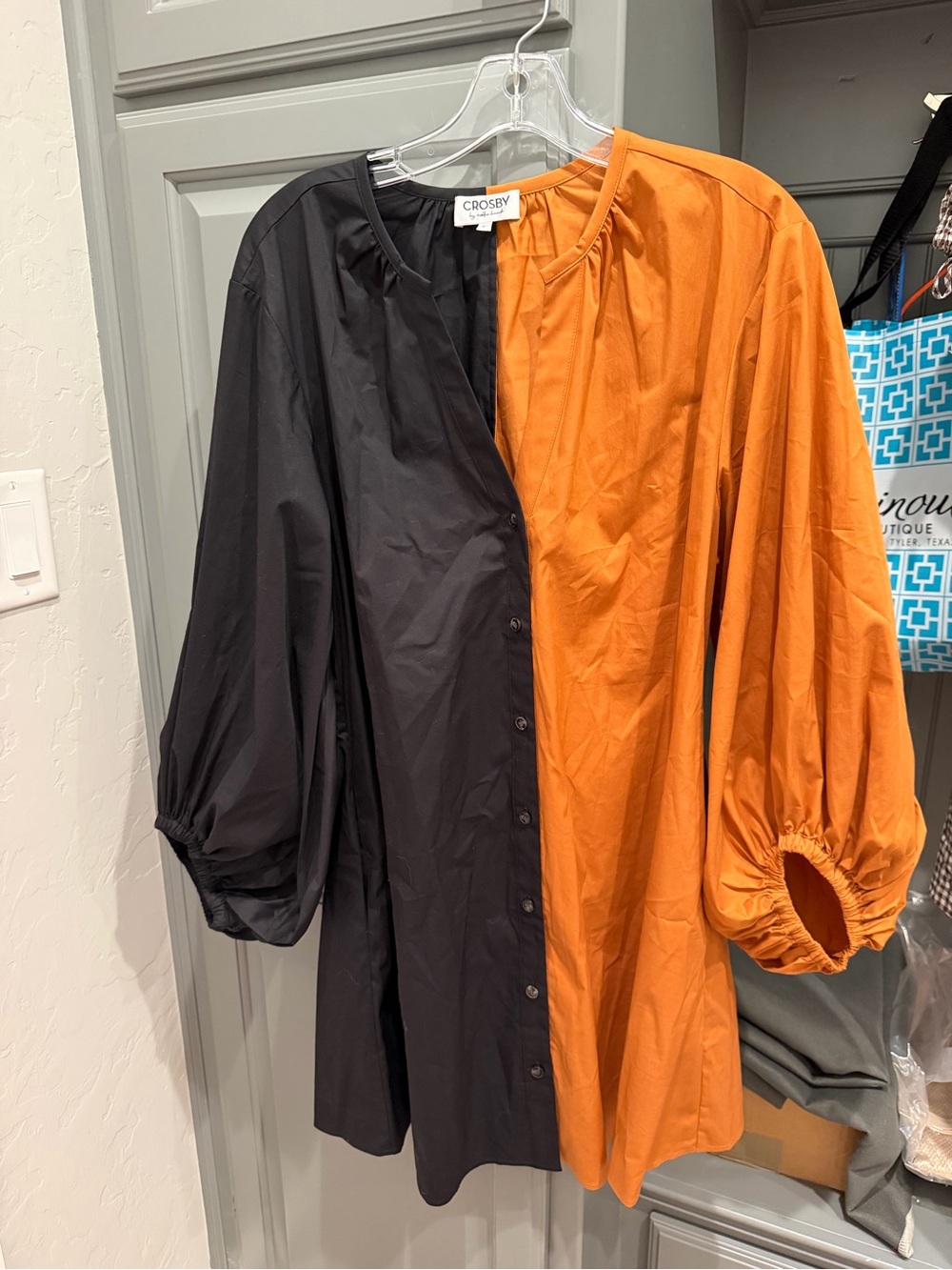 CROSBY by Mollie Burch Black and Orange Two-Tone Balloon Sleeve Button Dress